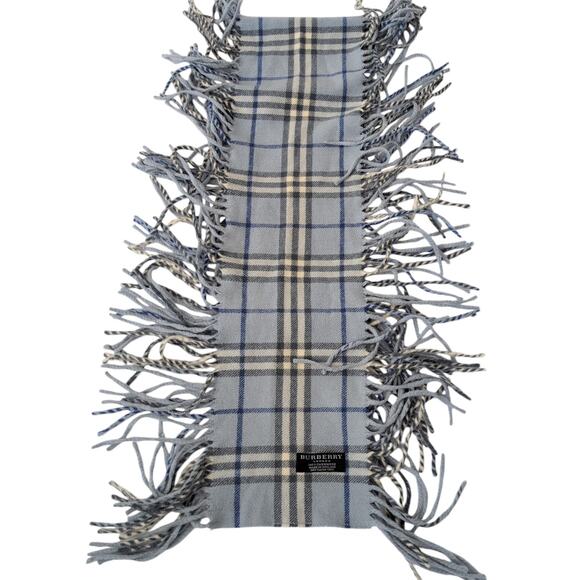 Burberry 100% Cashmere Made in England Blue Nova Check Plaid Fringe - Picture 1 of 6